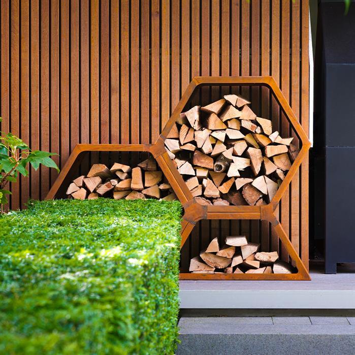 FWH.800 - Cortenstaal,Houtopslagen,HEX,915 x 400 x 800 mm