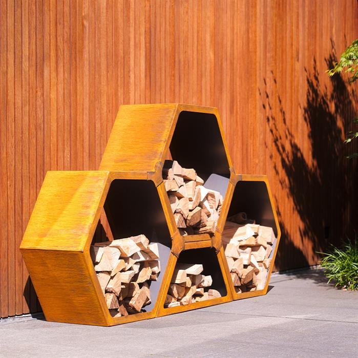 FWH.800 - Cortenstaal,Houtopslagen,HEX,915 x 400 x 800 mm